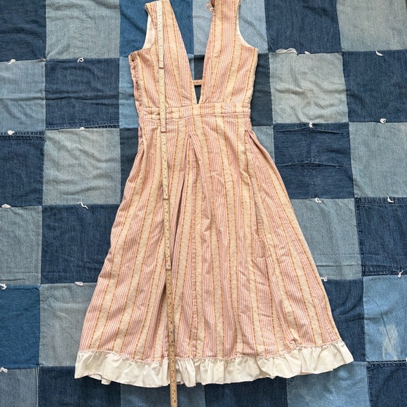vtg 70s dress ruffle hem deep vneck striped embroidered pink cream green - Picture 9 of 11